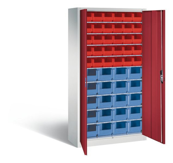 C+P Magazinschrank Serie 13, H1980xB1000xT420mm, Farbe: Lichtgrau / Rubinrot, Muldengriff, 133144-27 S10041