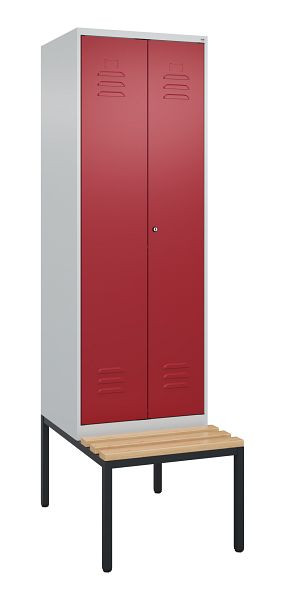 C+P Umkleidespind Classic PLUS SW, 2 Abteile, 2120x600x815mm, 7035/3003, Zylinderschloss, mit untergebauter Sitzbank, Buche-Sitzleisten, 0800527-20 S10046