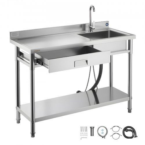 VEVOR Edelstahl Spültisch 120x50x94 cm, Einzelbecken mit Wasserhahn & Schublade, Außenspüle mit Arbeitsplatte (links), DSCDGZT120CMNFORS001V0