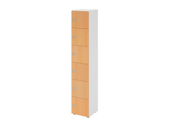 Hammerbacher Schließfachschrank schmal 6OH, 6 Türen, Korpus: weiß, Türen: Buche, 40 x 40 x 215,6 cm (BxTxH), Zahlenschloss, V264L6/W/6/ZS