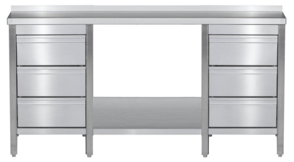 A&S Gastro Edelstahl Arbeitstisch mit Aufkantung, Schubladenblock links & rechts Bautiefe 600mm, mit Grundboden, AISI 304, 2000 x 600 x 850 mm, ARTGASLR206