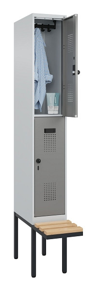 C+P Doppelstock-Spind Evolo PLUS, Bank, 2 Fächer, 2120x300x815mm, 7035/0004, Drehriegel, Sitzfläche Buche-Hartholz, 0493407-10 S10014