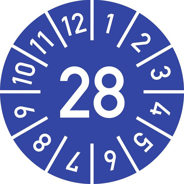 Moedel Prüfplakette Jahr 28 mit Monaten, blau, Folie, Ø 20 mm, VE: 10 Stück/Bogen, 106944