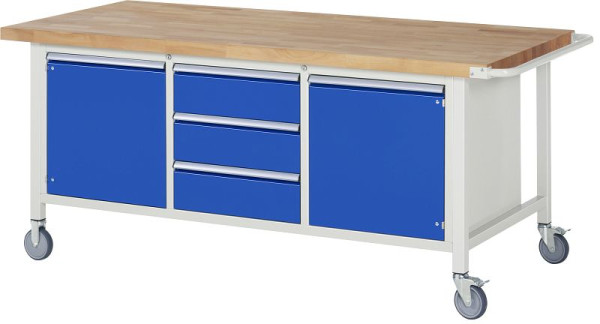 RAU Fahrbare Werkbank-Modell 8569, B2000xT900xH880-1080mm, Dreifach-Unterbau-Container, li: Flügeltür, mitte: 3x180mm, re: Flügeltür, 05-8569A2-209B4H.11