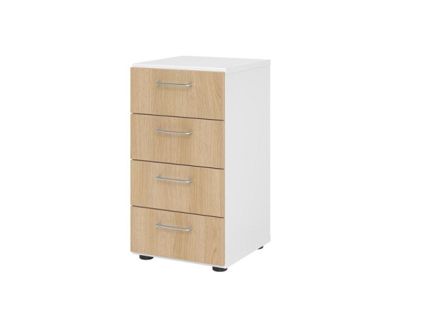 Hammerbacher Schubladenschrank 2OH, 4 Schübe 924S4 BS, Korpus: Weiß / Front: Eiche, 40x41,7x74,8 cm (BxTxH), 4 Schubkästen, Metallgriff BS, V924S4/W/E/BS