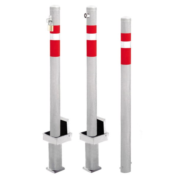 Stein HGS Absperrpfosten -Steel Line-, vorgerüstet für Vorhangschloss, Schließung oben, heraushebbar, inkl. Bodenhülse, mit 3 Ösen (90°), 14212-03