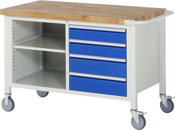 RAU Fahrbare Werkbank 8000- Modell 8463, B1250xT700xH880-1080mm, Doppel-Unterbau-Container, li: Fachboden, re: 2xH120, 2xH150mm, 05-8463A2-127B4H.11