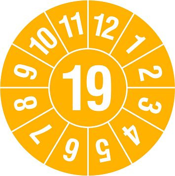 SafetyMarking Prüfplakette - mit Jahresfarbe, Jahreszahl: 18, Jahr der Prüfung: 19, Ø 3 cm, Folie, selbstklebend, VE: 15 Stück/Bogen, 30.3695-18