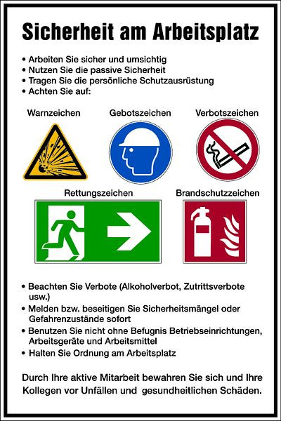 Schilder Klar Aushang Sicherheit am Arbeitsplatz, 400x600x0.6 mm Aluminium glatt, 1142/51