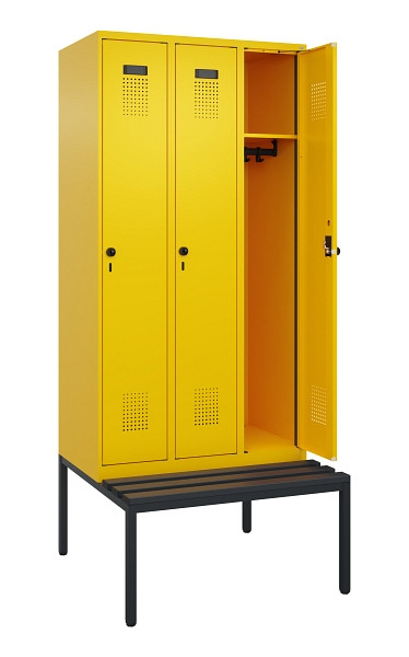 C+P Spind Evolo PLUS, 3 Abteile, 2120x900x815mm, 1023/1023, Haken 3, Drehriegel, Sitzfläche Kunststoff, Sitzbank, 0490507-30 S10076