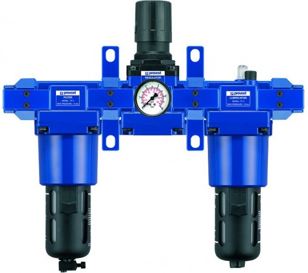 Prevost ALTO4-Dreifachblock- Filterregler, Manometer, Öler, Wandbefestigungsset+ Schnellverbinder Leitungsanschluss, Breite 370mm, G 1, 5000Nm3/h, TT PSM5