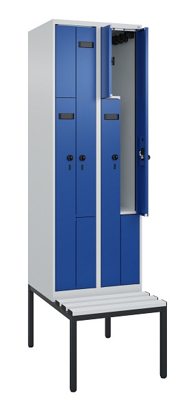 C+P Z-Spind Evolo PLUS, Bank, 4 Fächer, 2120x600x815mm, 7035/5010, Drehriegel, Sitzfläche Kunststoff, Sitzbank, 0490537-204 S10060