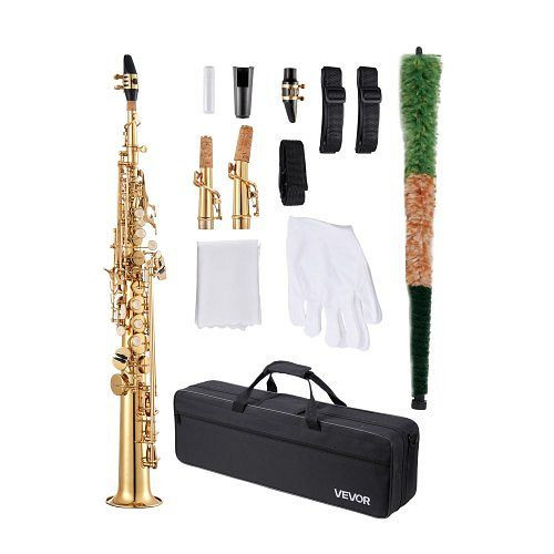 VEVOR Sopransaxophon B-Dur Messing Anfängerset, inkl. Tragetasche, Mundstück, Reinigungstuch, Stab, Handschuhe, Umhängeband, Gold, ZGSKSGYJBDJSST1KC001V0