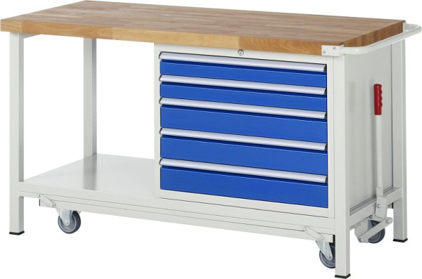 RAU Absenkbare Werkbank 8000 - Modell 8271, B1500 x T700 x H880 mm, Unterbau-Container rechts, 5x Schubladen: 2xH90, 3xH120 mm, 05-8271A6-157B4F.11