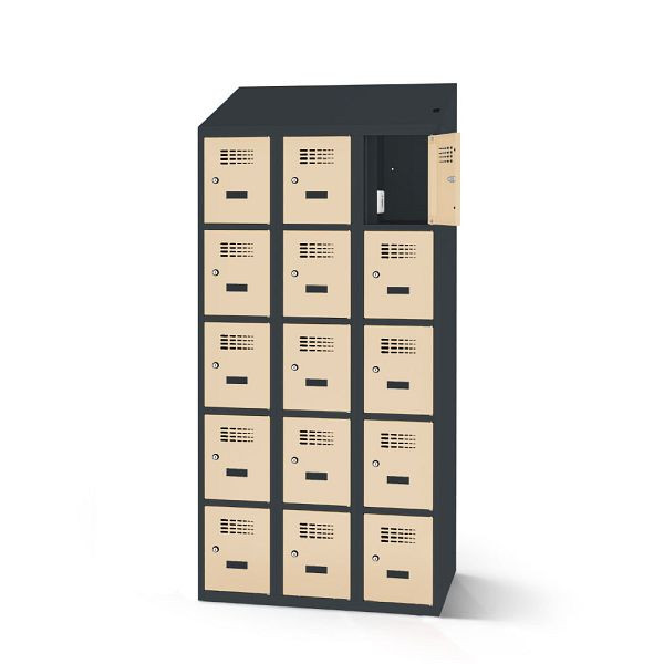 Rotstahl Fächerschrank, 15 Fächer, Stollenfüße, mit Ladefunktion, Schrägdach, Korpus: anthrazitgrau, Türen: hellelfenbein, 2180-030500-0902112-7016-1015
