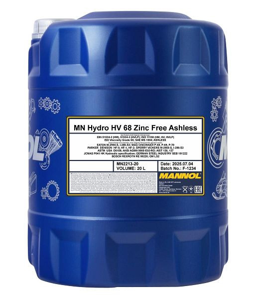 MANNOL Hydrauliköl 2213 Hydro HV ISO 68 Zinkfrei, VE: 20 l, MN2213-20