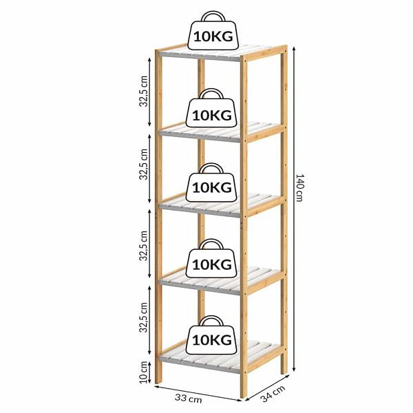 casaria Standregal Bambus Weiß 140x33x34cm, 107921, 4251779121748
