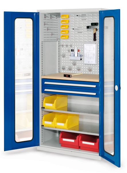 Kappes RasterPlan Schubladenschrank, Modell 34, RAL 7035/5010, Sichtfenstertür, 1950 x 1000 x 600 mm, 2 Schubladen H 100 mm, 1460.04.5016