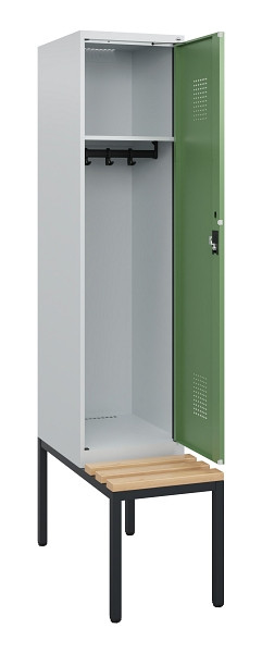 C+P Spind Evolo PLUS, 1 Abteil, 1950x400x815mm, 7035/6011, Zylinderschloss, Sitzfläche Holz, Sitzbank, 0490505-12 S10037