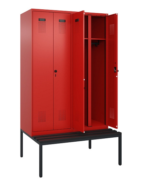 C+P Schwarz-Weiß-Spind Evolo PLUS, Bank, 4 Abteile, 2120x1200x815mm, 3020/3020, Drehriegel, Sitzfläche Kunststoff, Sitzbank, 0490527-40 S10079
