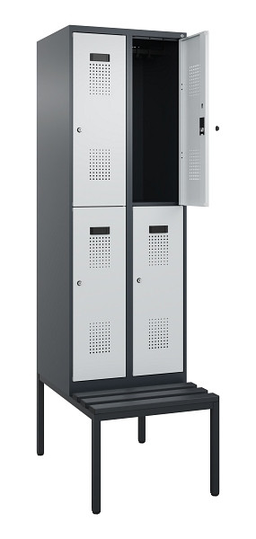 C+P Doppelstock-Spind Evolo PLUS, Bank, 4 Fächer, 2120x600x815mm, 7016/7035, Zylinderschloss, Sitzfläche Kunststoff, Sitzbank, 0493507-20 S10125