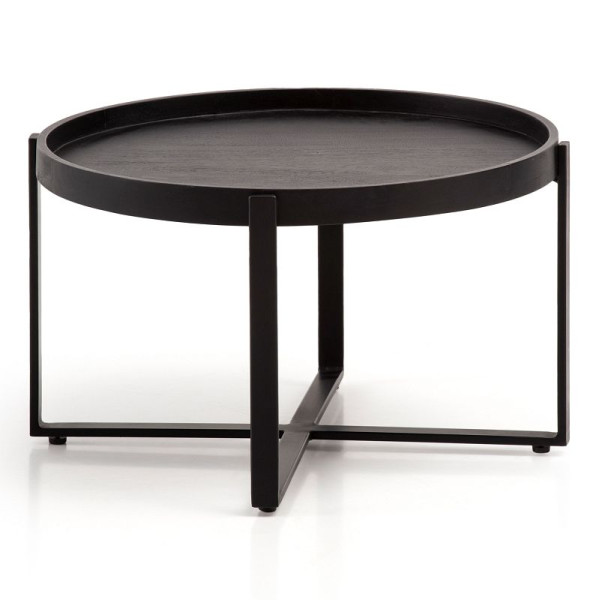 Wohnling Couchtisch 60x60x35 cm Mango Massivholz/Metall Schwarz Sofatisch Rund, Design Wohnzimmertisch mit erhöhtem Rand, WL6.803