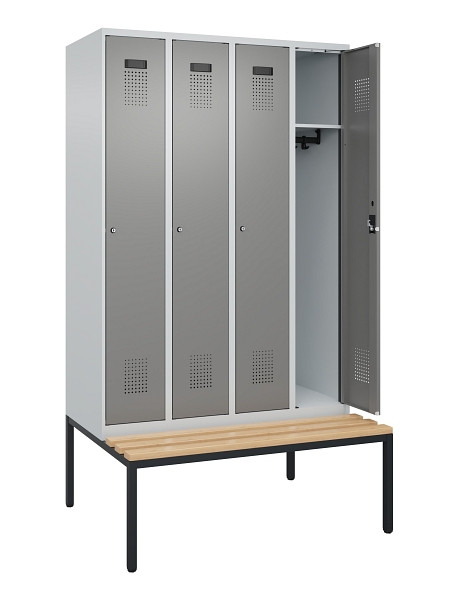 C+P Spind Evolo PLUS, 4 Abteile, 2120x1200x815mm, 7035/0004, Haken 3, Zylinderschloss, Sitzfläche Buche-Hartholz, Sitzbank, 0490507-40 S10041