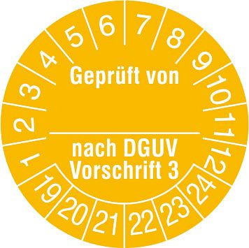 SafetyMarking Prüfplakette, Geprüft von_ nach DGUV Vorschrift 3, Prüfzeitraum: 19-24, Ø 3 cm, Folie, selbstklebend, VE: 500 Stück/Rolle, 31.C2135-19-24