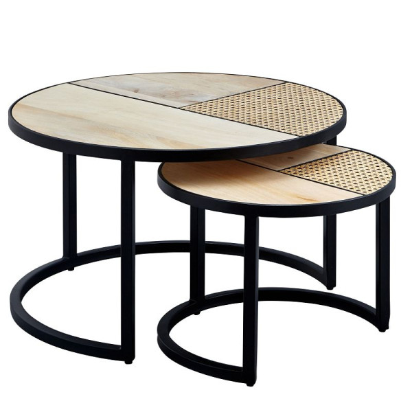 Wohnling Design Wohnzimmertisch 2er Set Mango/Rattan Rund, mit Metallbeine, Holz/Metall, WL6.312