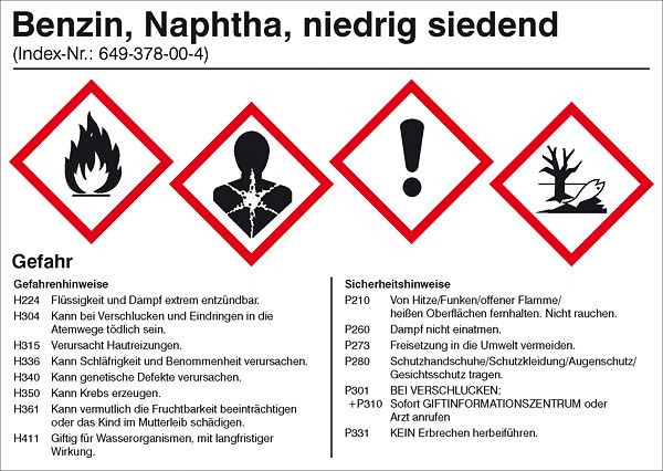 SafetyMarking Gefahrstoffetikett, Benzin, für Behälter mit einem Fassungsvermögen bis 50 Liter, BxH 14,8x10,5 cm, Folie, selbstklebend, 21.B2042
