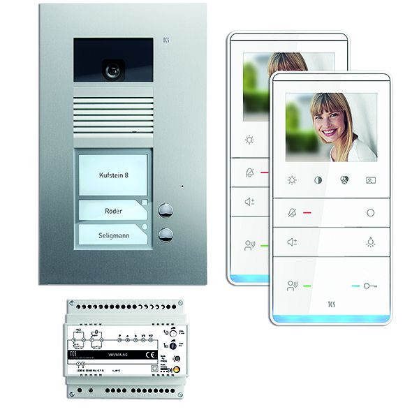 TCS Türkontrollsystem video:pack UP für 2 Wohneinheiten, mit Außenstation AVU 2 Klingeltasten, 2x Video Freisprecher IVW5111, Steuerung, PVU17020-0010