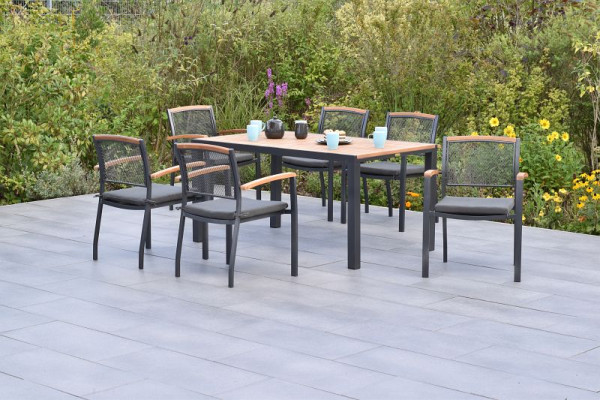 Merxx Tilos Set 13-teilig, 6 Tilos Stapelsessel, 6 Sitzkissen in grau, 1 Tisch 150 x 90 cm, Tischplatte aus Akazienholz, 50791-800