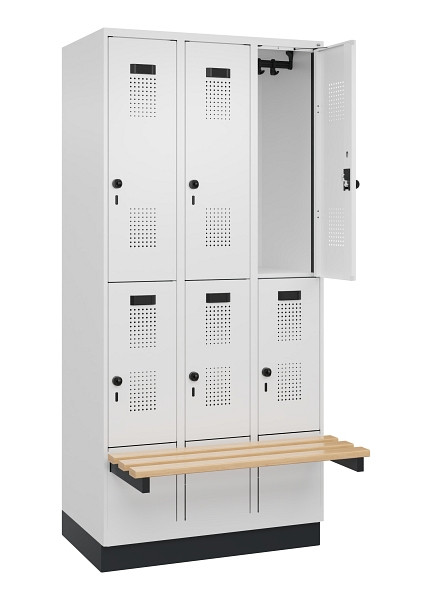 C+P Doppelstock-Spind Evolo PLUS, Bank, 6 Fächer, 1950x900x815mm, 9016/9016, Drehriegel, Sitzfläche Buche-Hartholz, mit Sockel, 049340-30 S10020