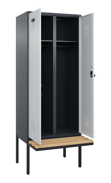 C+P Schwarz-Weiß-Spind Evolo PLUS, Bank, 2 Abteile, 2120x800x815mm, 7016/7035, Drehriegel, Sitzfläche Holz, 0490427-22 S10017