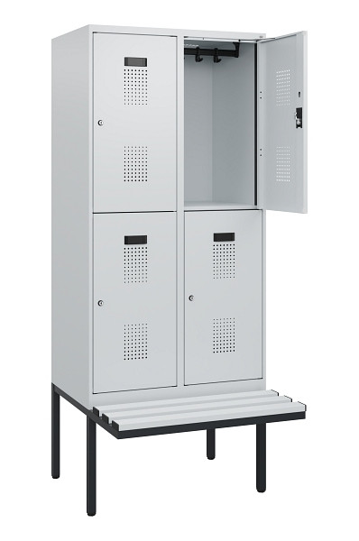 C+P Doppelstock-Spind Evolo PLUS, Bank, 4 Fächer, 1950x800x815mm, 7035/7035, Zylinderschloss, Sitzfläche Kunststoff, 0493405-22 S10148