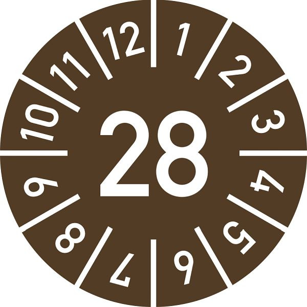 Moedel Prüfplakette Jahr 28 mit Monaten, braun, Folie-Spezialkleber, Ø 20 mm, VE: 10 Stück/Bogen, 106982