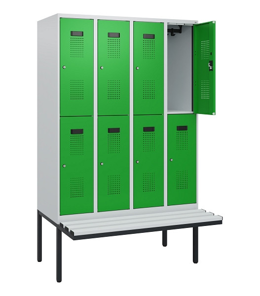 C+P Doppelstock-Spind Evolo PLUS, Bank, 8 Fächer, 1950x1200x815mm, 7035/6037, Zylinderschloss, Sitzfläche Kunststoff, 0493405-40 S10146