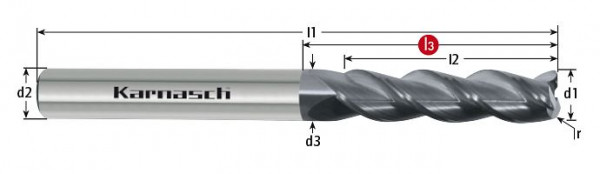 Karnasch VHM-Schruppfräser, Eckradius d= 12,0 / r= 0,50 / L2= 75 / L3= ohne / Z= 4 DCC 0318 - Graphit, 306573120005075