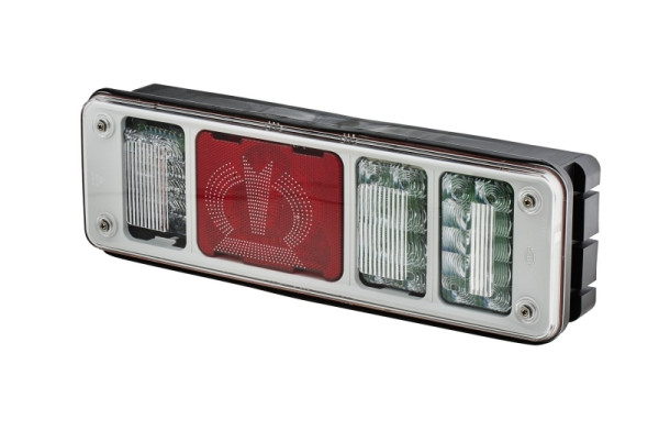 HELLA Heckleuchte "Krone", LED, 24V, Anbau/geschraubt, Lichtscheibenfarbe: glasklar, Stecker: EasyConn, Stecker: Male, links, 2VP 340 960-251