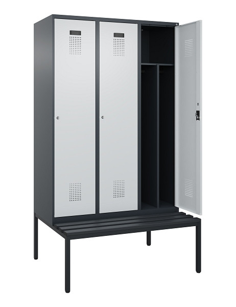 C+P Spind Evolo PLUS, 3 Abteile, 2120x1200x815mm, 7016/7035, Haken 4, Zylinderschloss, Sitzfläche Kunststoff, Sitzbank, Trennwand, 0490507-32F S10098