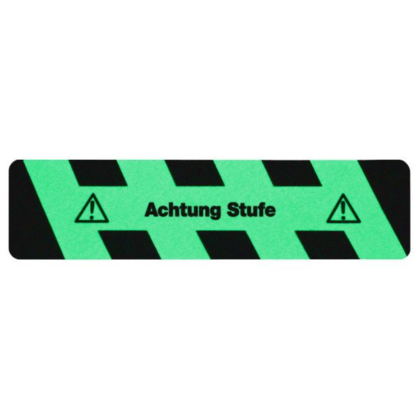 m2 Antirutschbelag nachleuchtend schwarz/grün mit Text "Achtung Stufe" Streifen 150x610mm, M1X31500610