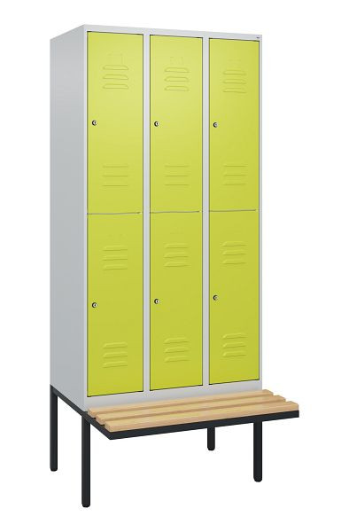 C+P Doppelstöckiger Spind Classic PLUS, 3 Abteile, 2120x900x815mm, 7035/0024, Zylinderschlösser, Buche-Sitzleisten, Sitzfläche, 0803407-30 S10100