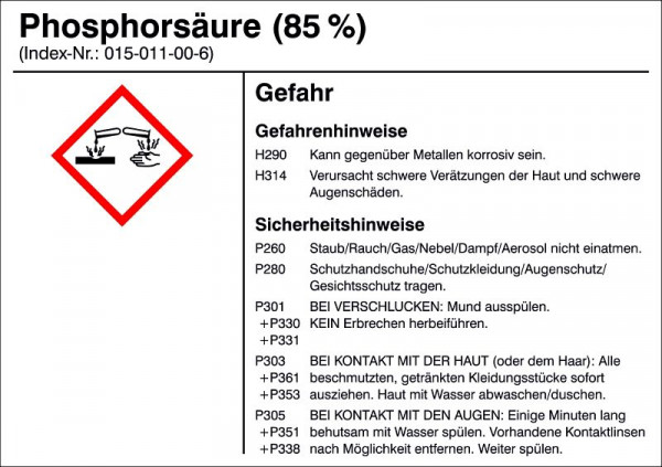 SafetyMarking Gefahrstoffetikett, G016: Phosphorsäure (85%), für Behälter bis 3 Liter, 10,5x7,4 cm, Folie, selbstklebend, 21.B1200-G016