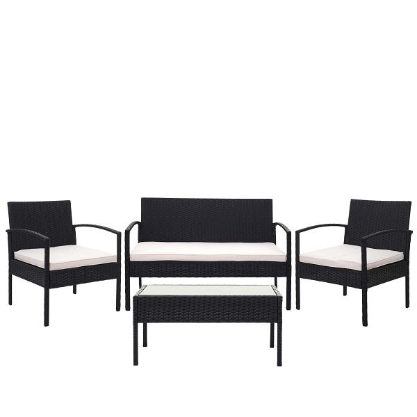 Mendler Poly-Rattan Garnitur HWC-F56, Balkon-/Garten-/Lounge-Set Sitzgruppe, schwarz, Kissen creme, 69821