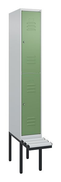 C+P Doppelstöckiger Spind Classic PLUS, 2120x300x815mm, 7035/6011, Zylinderschlösser, mit Untergestell und schwebender Sitzfläche, 0803407-10 S10021