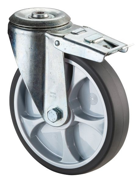 BS Rollen Transportrolle Lenkrolle mit Feststeller, thermoplastisches Gummirad grau, Kugellager, Rückenloch, Durchmesser: 200 mm, L121.A85.202