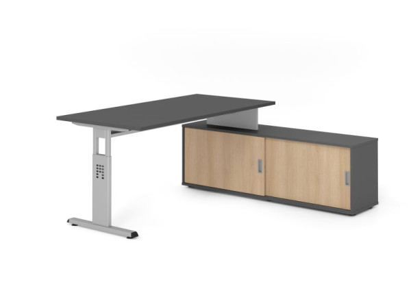 Hammerbacher Aufsatz-Schreibtisch OSE16, 160x80cm, Platte: Graphit, 25mm dick, T-Fuß Gestell Silber, Graphit / Eiche, VOSE16SB/G/S/G/E