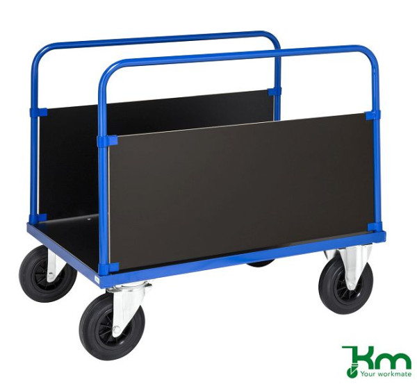 Kongamek Plattformwagen, Stirnwand längs, 2 Bock- und 2 Lenkrollen aus Vollgummi mit Bremsen, 1000 x 700 x 900 mm, Serie 300, KM336-2B