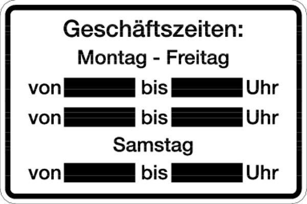 Schilder Klar Gebäudekennzeichnung Geschäftszeiten, 300x200x0.6 mm Aluminium geprägt, 243/51