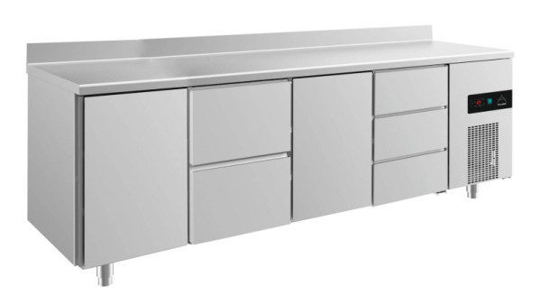A&S Polarny Kühltisch -2 bis +8°C mit 2x Türen, zwei Schubladen mittig-links und drei Schubladen rechts, 2330 x 700 x 850 mm, mit Aufkantung, KT4TZTDA